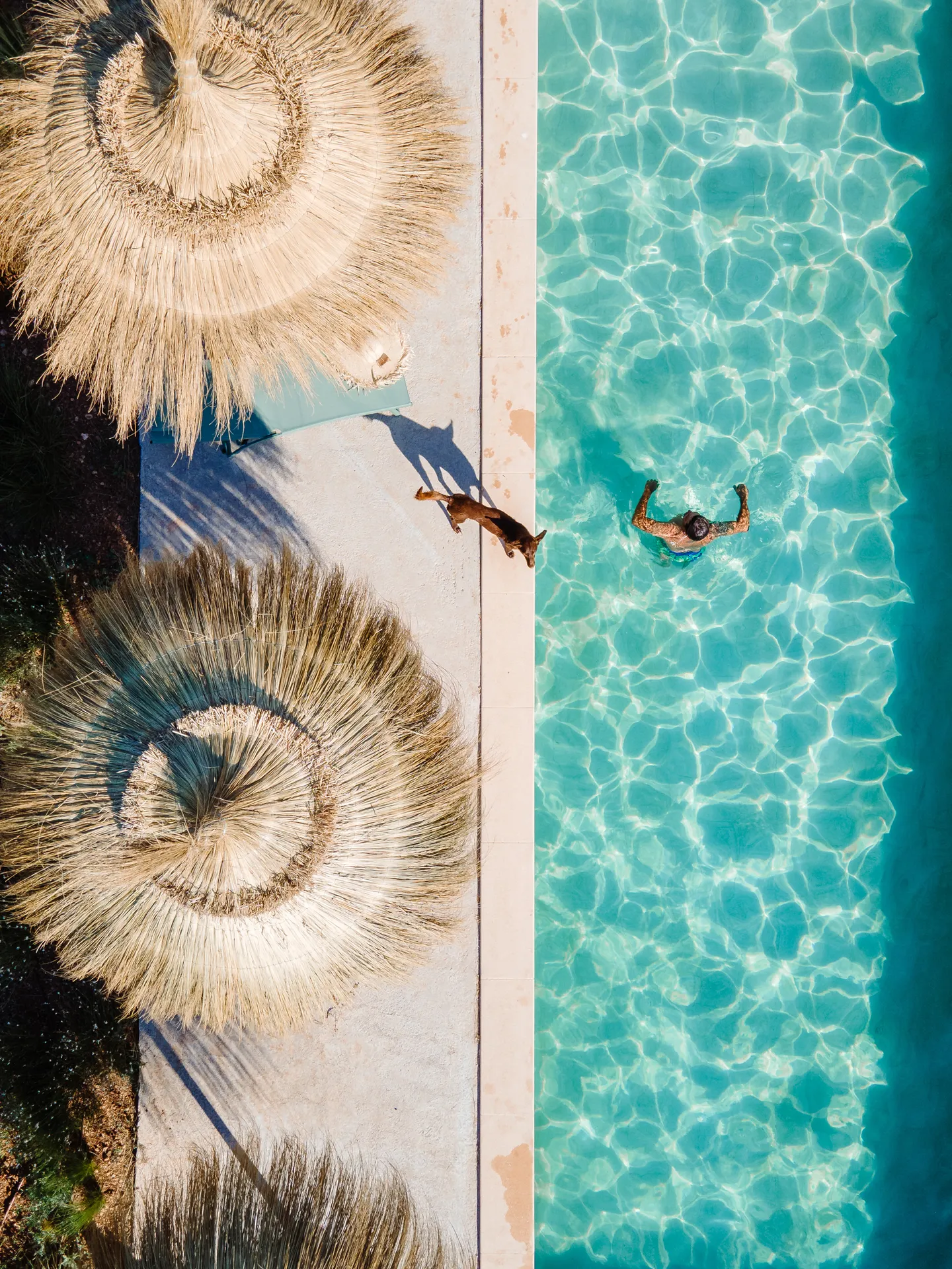 Aerial — thatched parasols and turquoise water in the midday sun