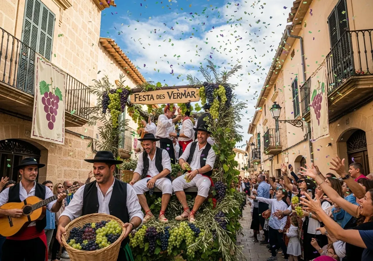 Festa des Vermar — Binissalem's annual grape harvest festival, confetti and celebration in the village streets